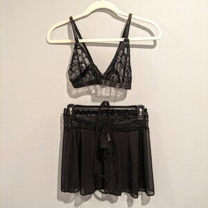 black 2 piece lingerie set lace bra top sheer skirt large